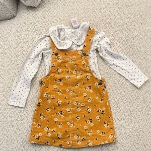 Tahari Mustard Floral Pinafore Dress with White Polka Dot Shirt